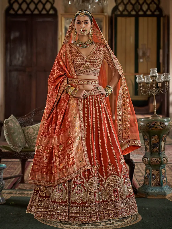 Orange silk bridal lehenga choli