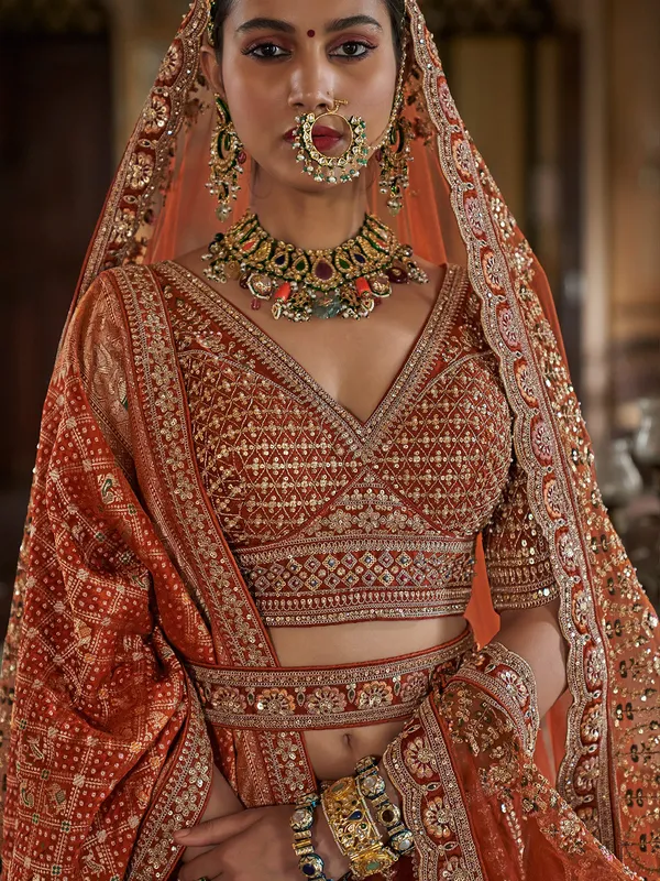 Orange silk bridal lehenga choli