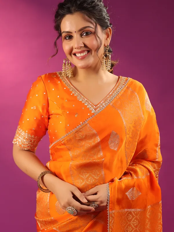 Orange silk elegant wedding wear saree