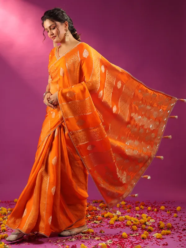Orange silk elegant wedding wear saree