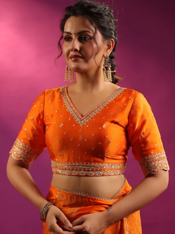 Orange silk elegant wedding wear saree