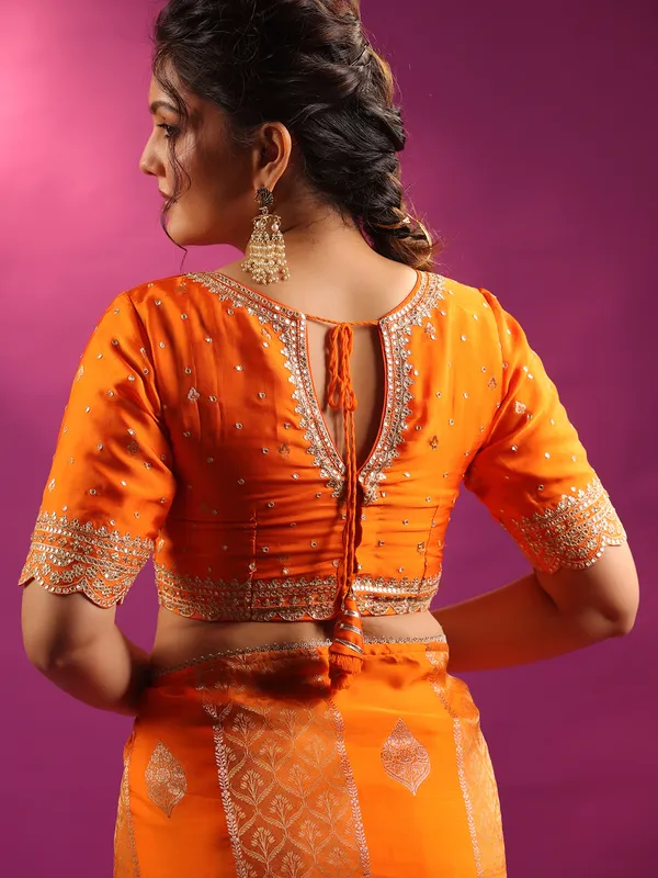 Orange silk elegant wedding wear saree