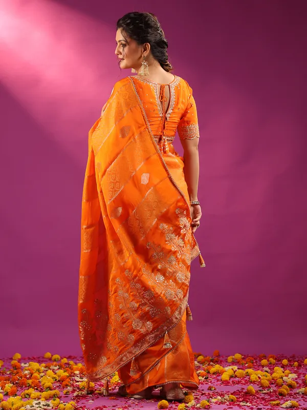 Orange silk elegant wedding wear saree