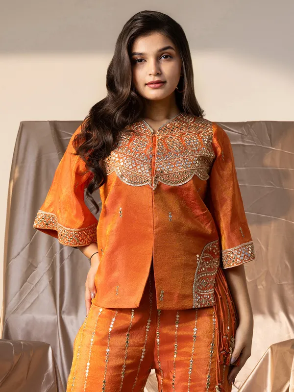 Orange silk festive palazzo suit for girls