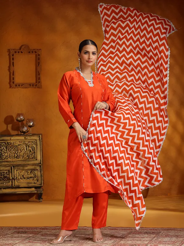 Orange silk festive wear salwar suit for women