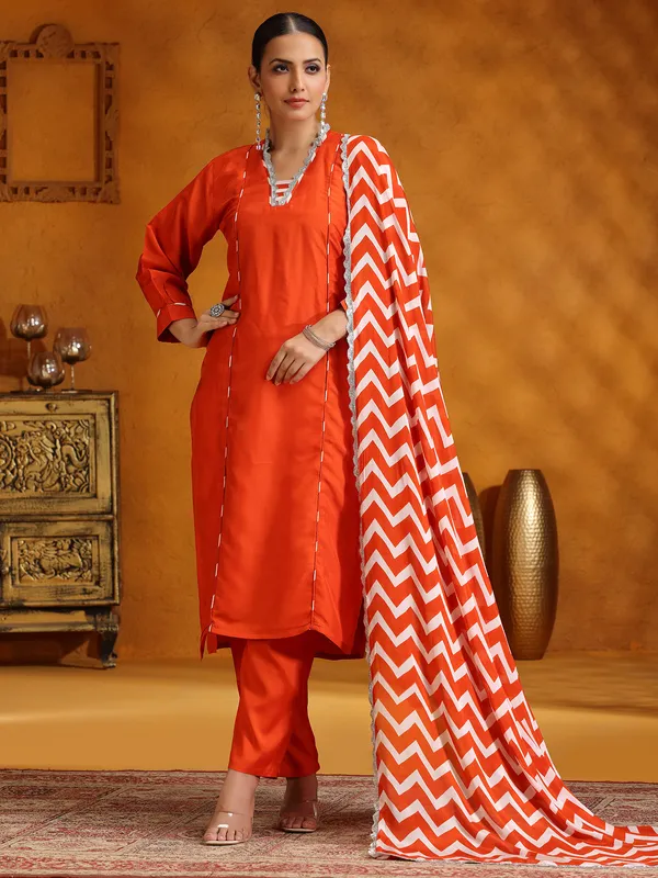 Orange silk festive wear salwar suit for women