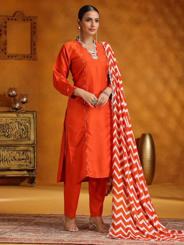 Orange silk festive wear salwar suit for women