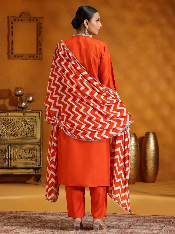 Orange silk festive wear salwar suit for women