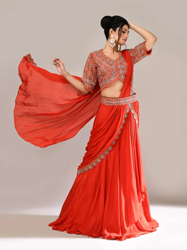 Orange silk heavy embellished lehenga choli