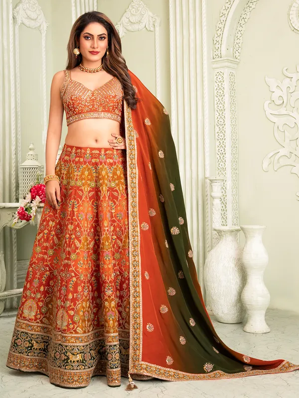 Orange silk lehenga with ready made blouse