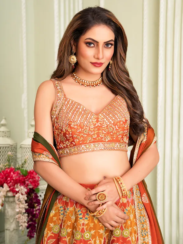 Orange silk lehenga with ready made blouse