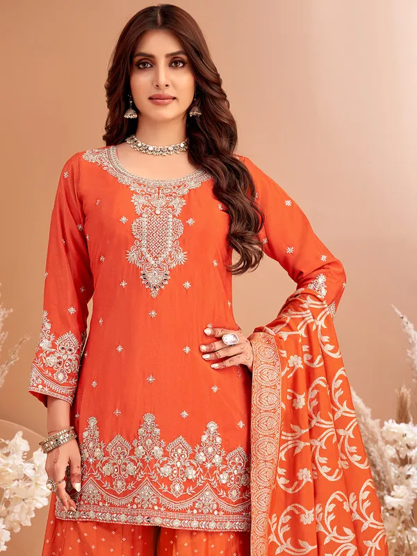 Orange silk palazzo suit with dupatta