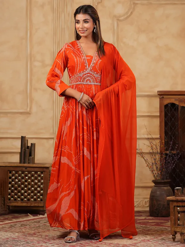 Orange silk printed anarkali salwar suit