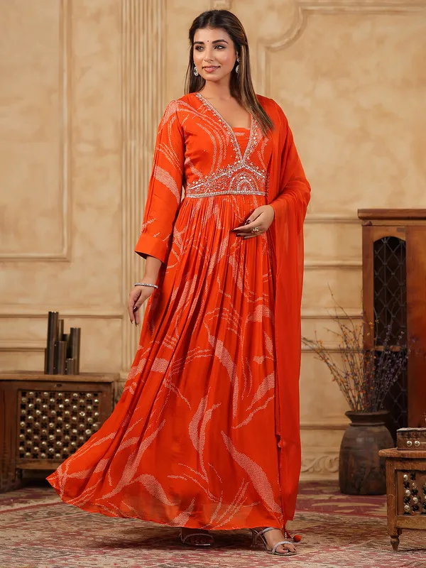 Orange silk printed anarkali salwar suit