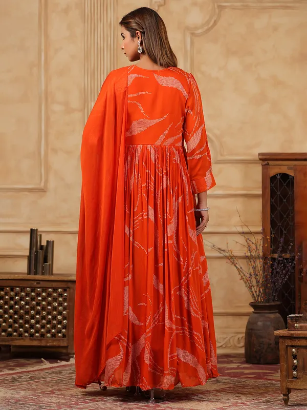 Orange silk printed anarkali salwar suit
