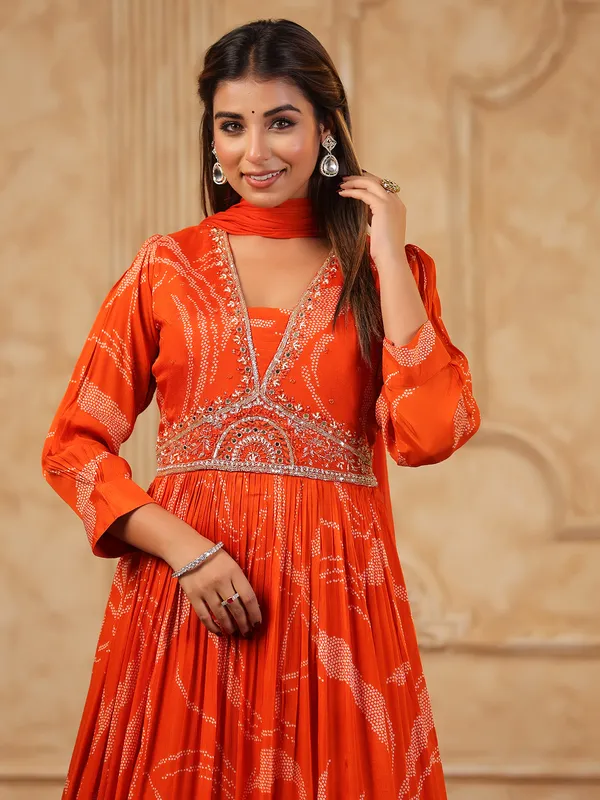 Orange silk printed anarkali salwar suit