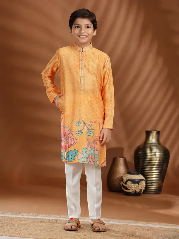 Orange silk printed kurta suit for boys