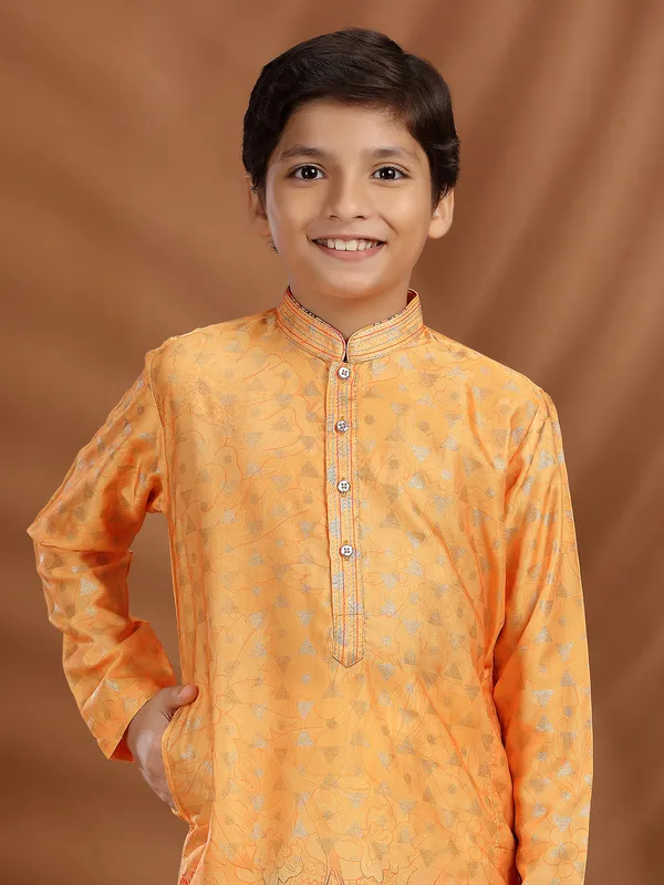 Orange silk printed kurta suit for boys