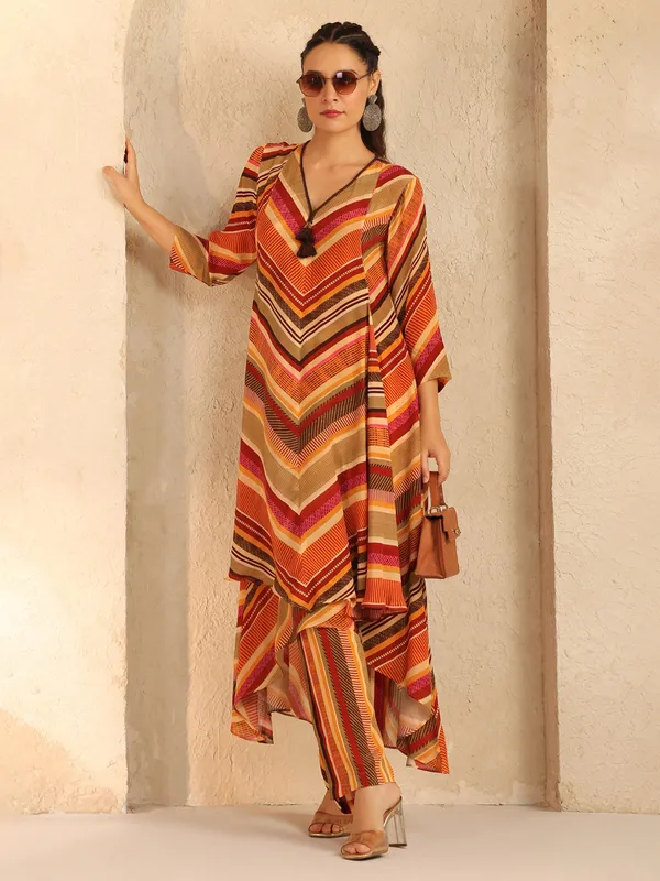Orange silk printed kurti set for casual wear