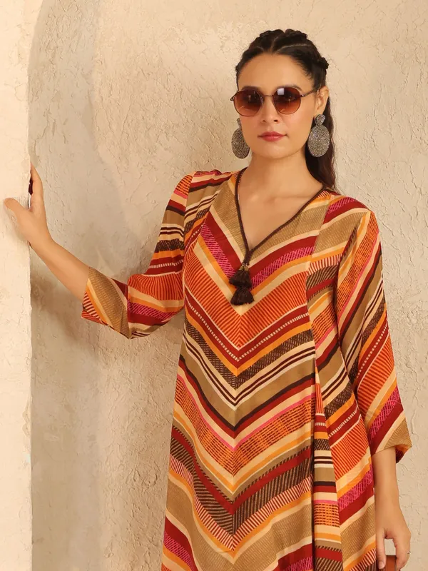 Orange silk printed kurti set for casual wear