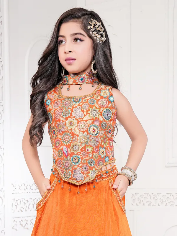 Orange silk printed lehenga choli for wedding