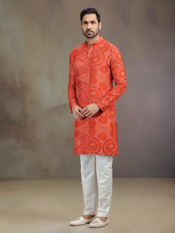 Orange silk printed men kurta pajama