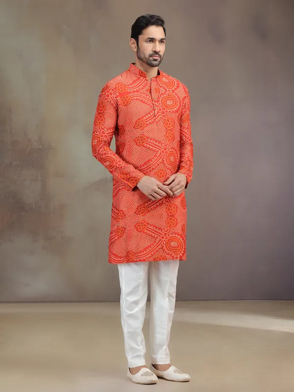 Orange silk printed men kurta pajama