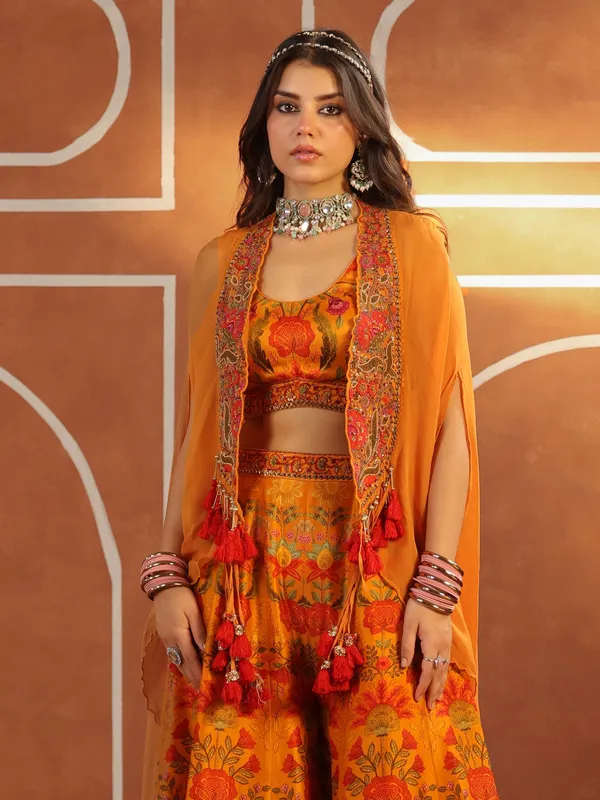 Orange silk printed palazzo suit with short shrug