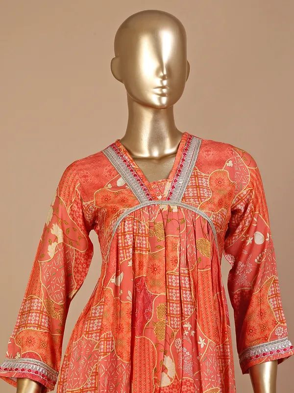 Orange silk printed sharara suit