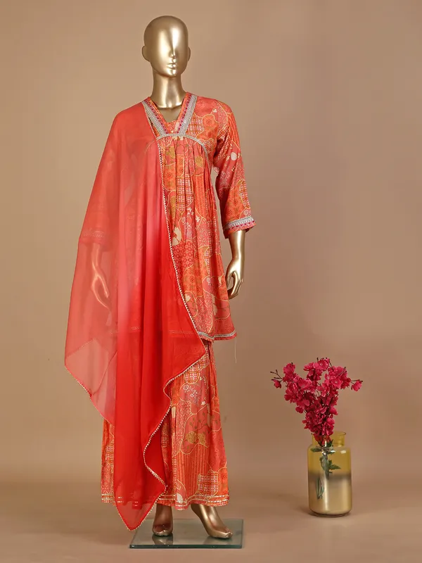 Orange silk printed sharara suit