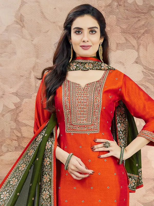 Orange silk resham worked silk salwar suit