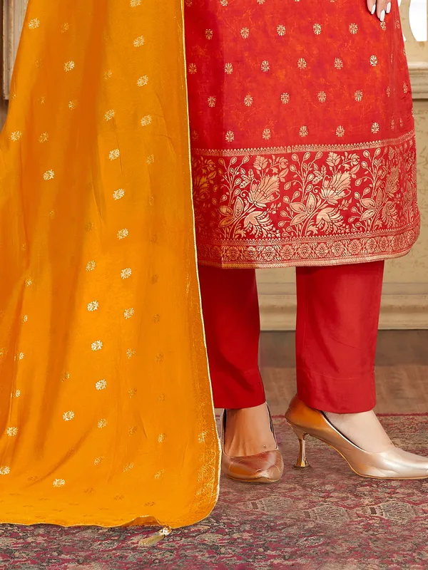 Orange silk salwar suit with zardosi and thread shine