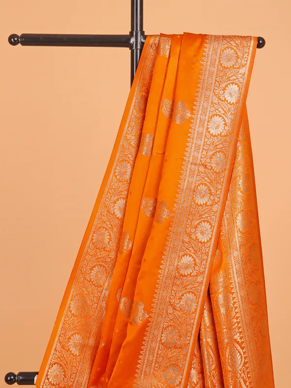 Orange silk saree for festive in zari weaving