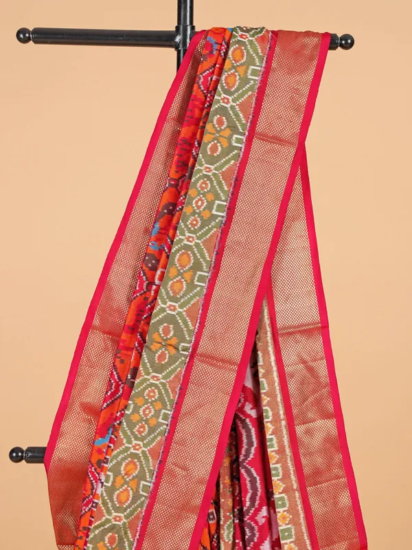 Orange silk saree in bandhej print