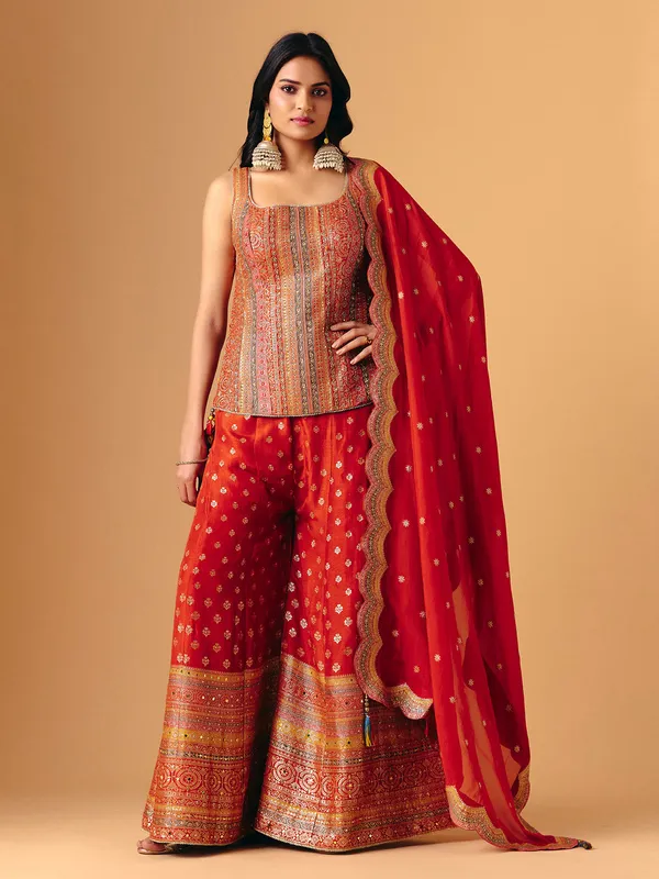 Orange silk square neck sleeveless palazzo suit-G3-WSS44977