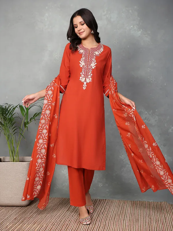 Orange silk straight cut kurti set