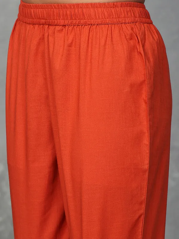 Orange silk straight cut kurti set