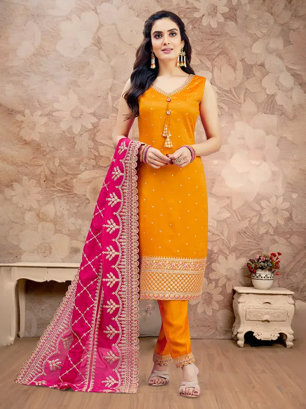 Orange silk straight cut salwar suit for wedding