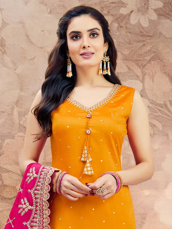 Orange silk straight cut salwar suit for wedding