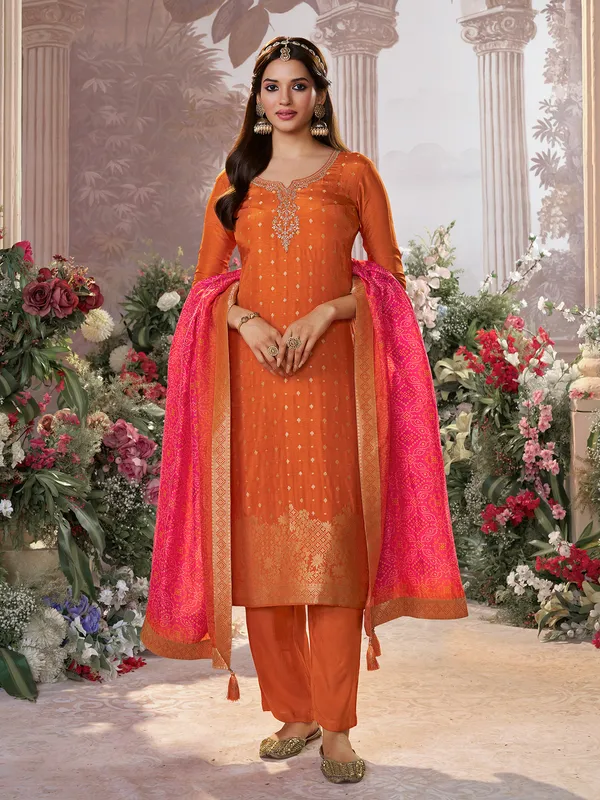 Orange silk sweetheart neck diwali salwar suit
