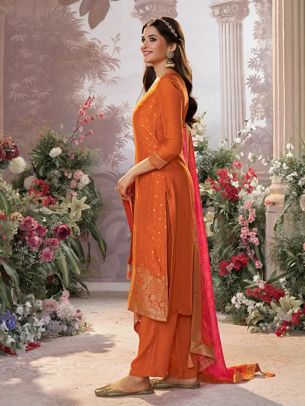 Orange silk sweetheart neck diwali salwar suit