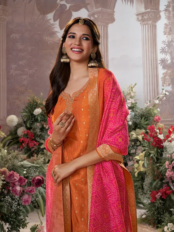 Orange silk sweetheart neck diwali salwar suit