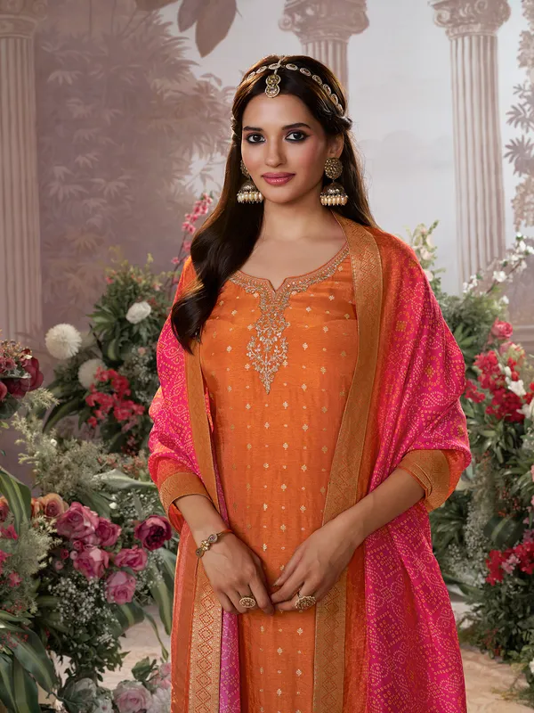 Orange silk sweetheart neck diwali salwar suit