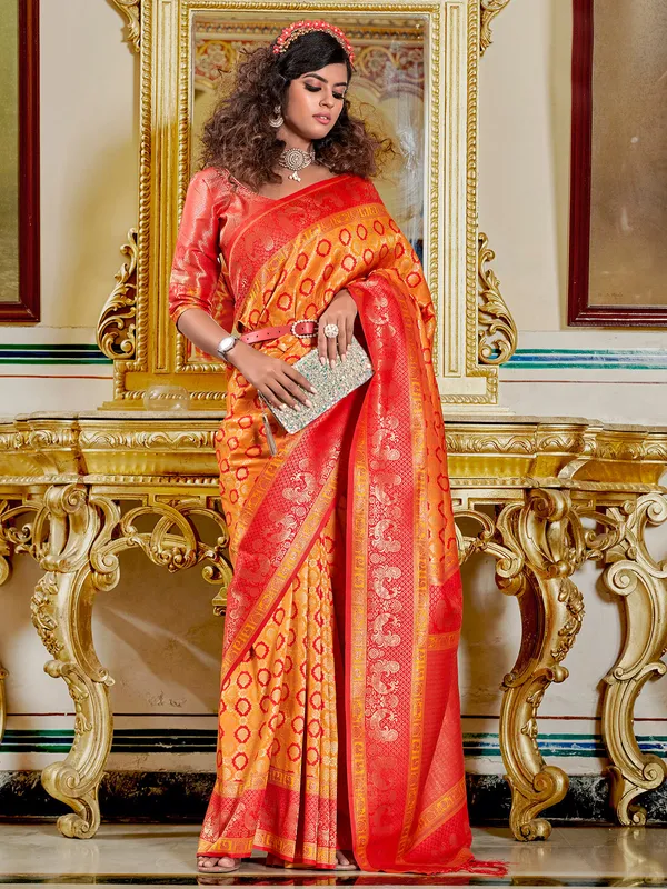 Orange silk zari weaving saree