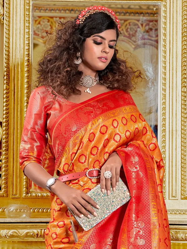 Orange silk zari weaving saree