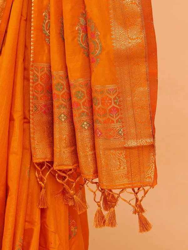 Orange silk zari weaving saree for women