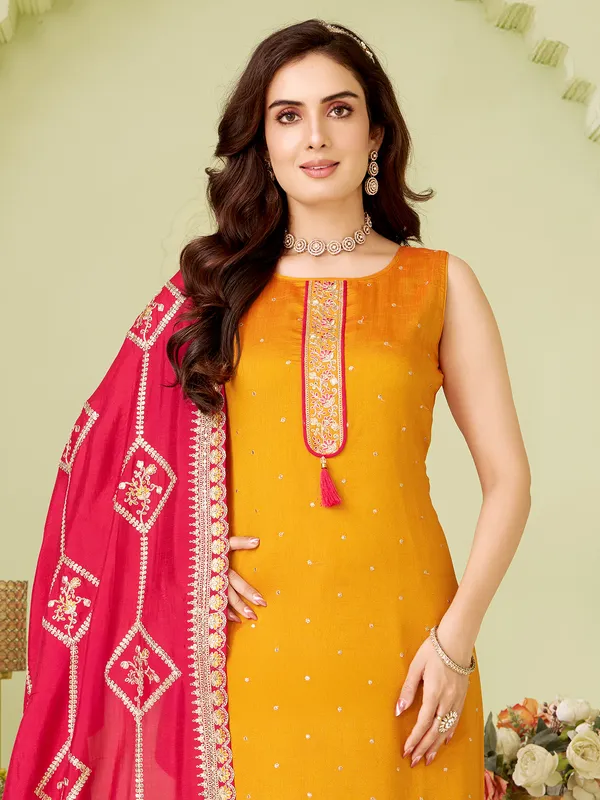 Orange straight cut silk salwar suit with dupatta
