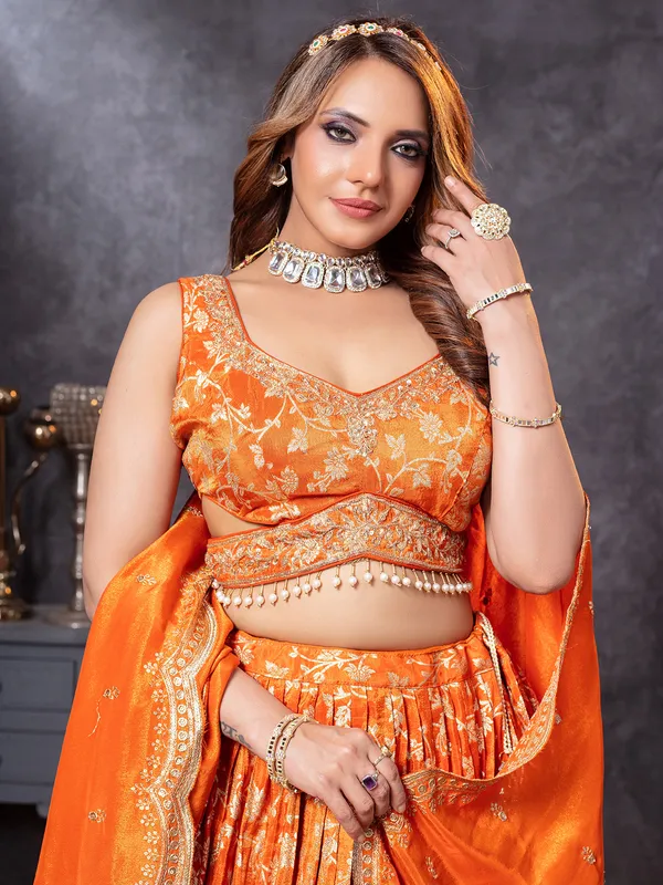 Orange tissue silk lehenga choli for bridal glam
