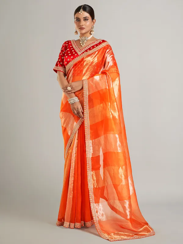 Orange tissue silk saree for wedding