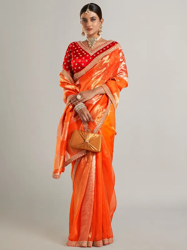 Orange tissue silk saree for wedding